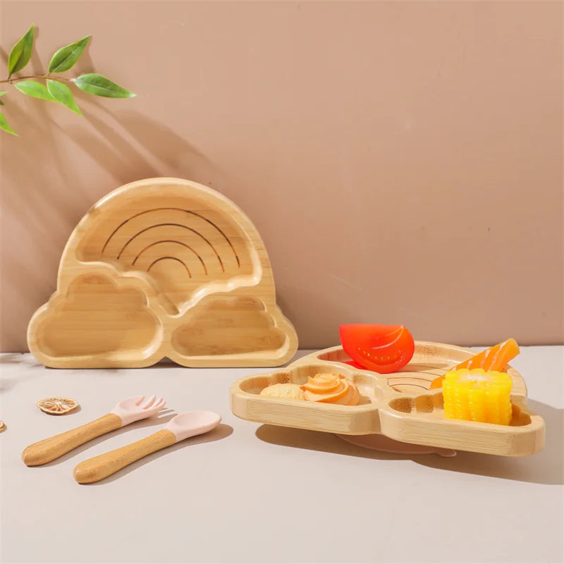 Baby Wooden Tableware Set Wooden Handle Fork Spoon Could Bamboo Wooden Plate Bowl Silicone Suction for Children Feeding Supplies