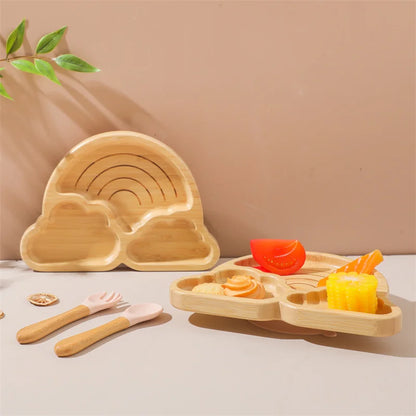 Baby Wooden Tableware Set Wooden Handle Fork Spoon Could Bamboo Wooden Plate Bowl Silicone Suction for Children Feeding Supplies