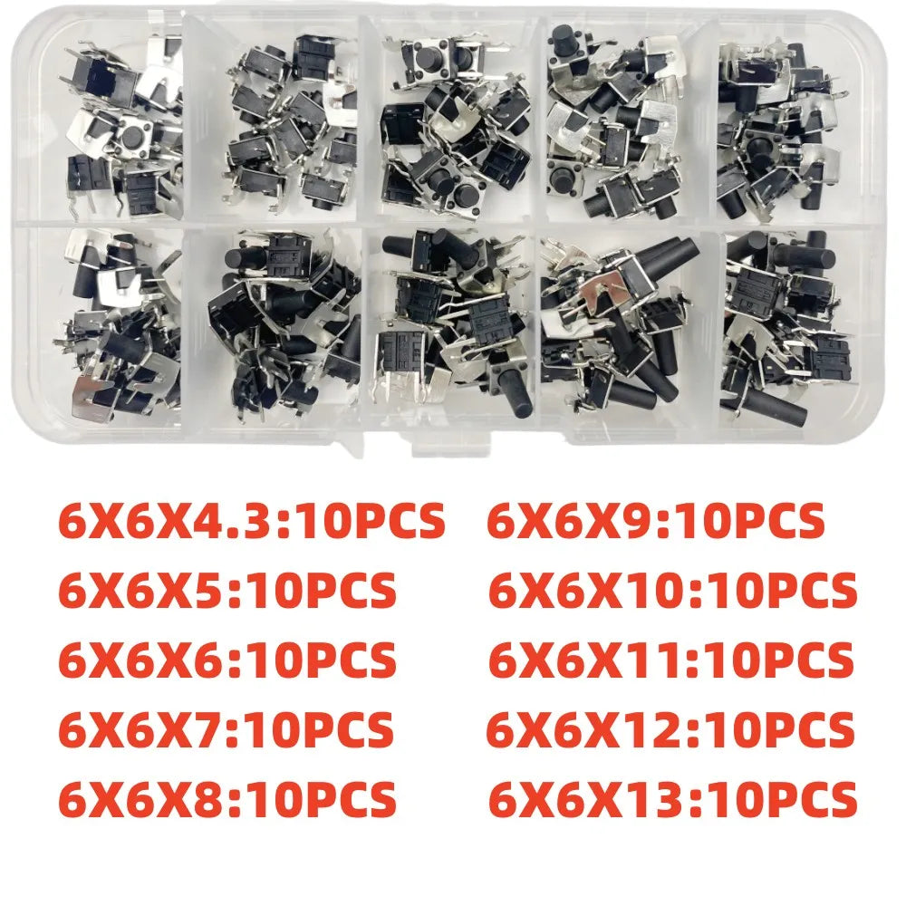 10 Models =100Pcs 6*6 Light Micro Touch Switch Set Push Button Switch Kit Height: 6*6*4.3MM~13MM  DIP SMD 2P/4P 6x6 Keys Tact