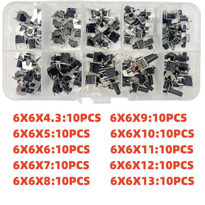 10 Models =100Pcs 6*6 Light Micro Touch Switch Set Push Button Switch Kit Height: 6*6*4.3MM~13MM  DIP SMD 2P/4P 6x6 Keys Tact