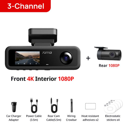 70Mai T800E 3-Channel Dash Cam Front 4K + Rear 1080P + Interior 1080P Hdr Supercapacitor 24H Parking Gps Voice Control Wi-Fi6