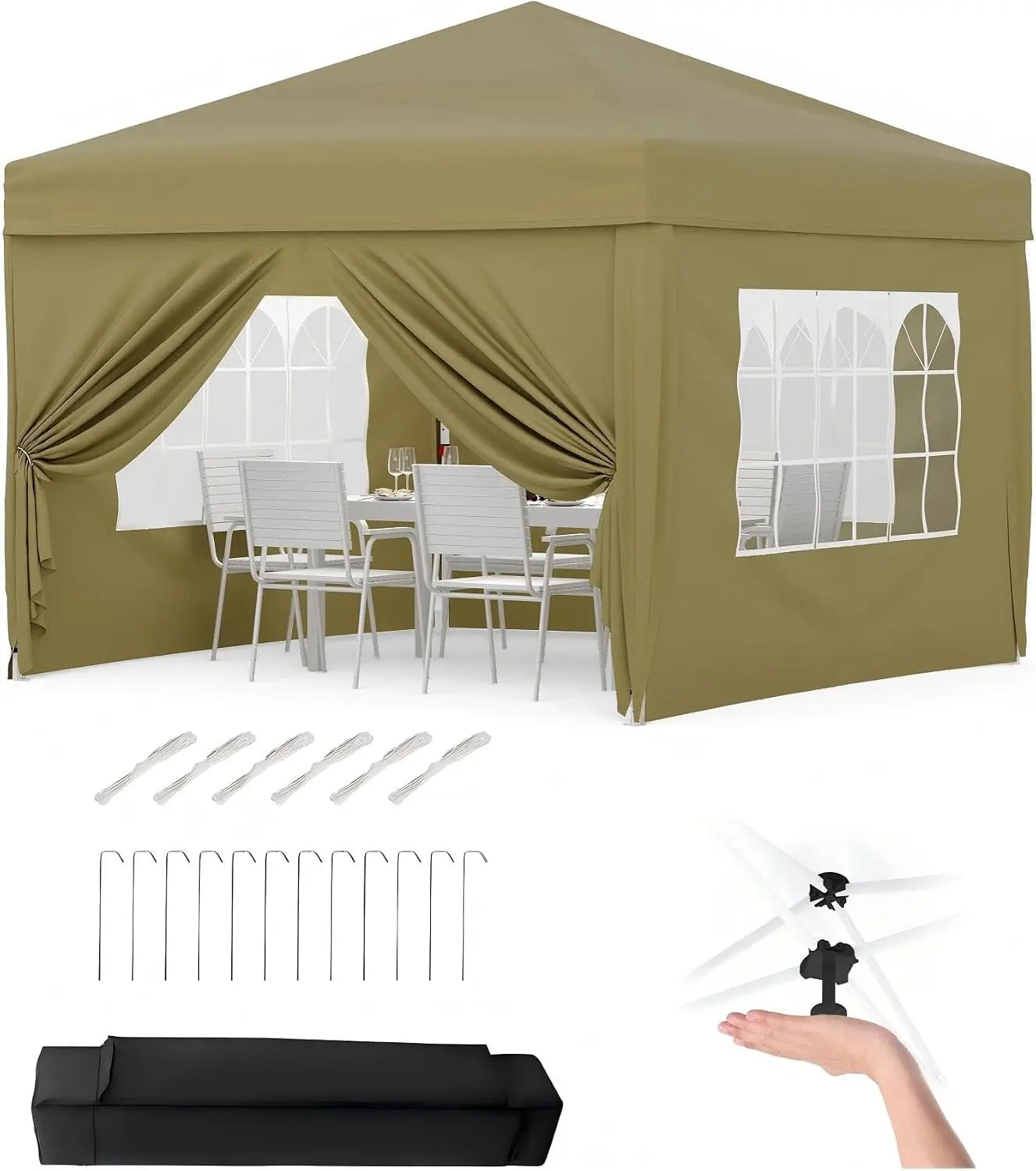 Garvee Heavy Duty 3x3m Folding Gazebo with 4 Sidewalls – Waterproof Outdoor Canopy Tent, UPF 50+ UV Protection – Adjustable Height, Easy Setup, Wheeled Carry Bag, Stakes, Ropes, Sandbags – Garden