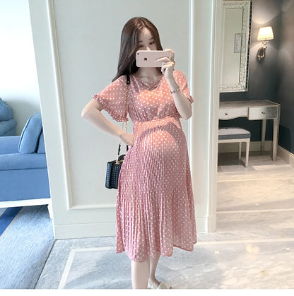 Summer Maternity Dress for Pregnant Women Petal Collar Bubble Sleeve High Waist Peter Pan Casual Temperament Gown