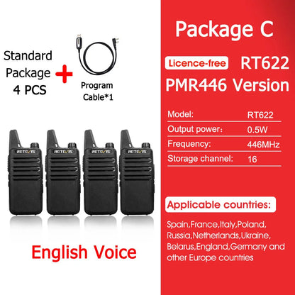 Retevis RT622 Mini Walkie Talkie 4 Pcs Walkie-talkies PMR446 FRS Portable Two Way Radio Communication Radio for Restaurant Hotel