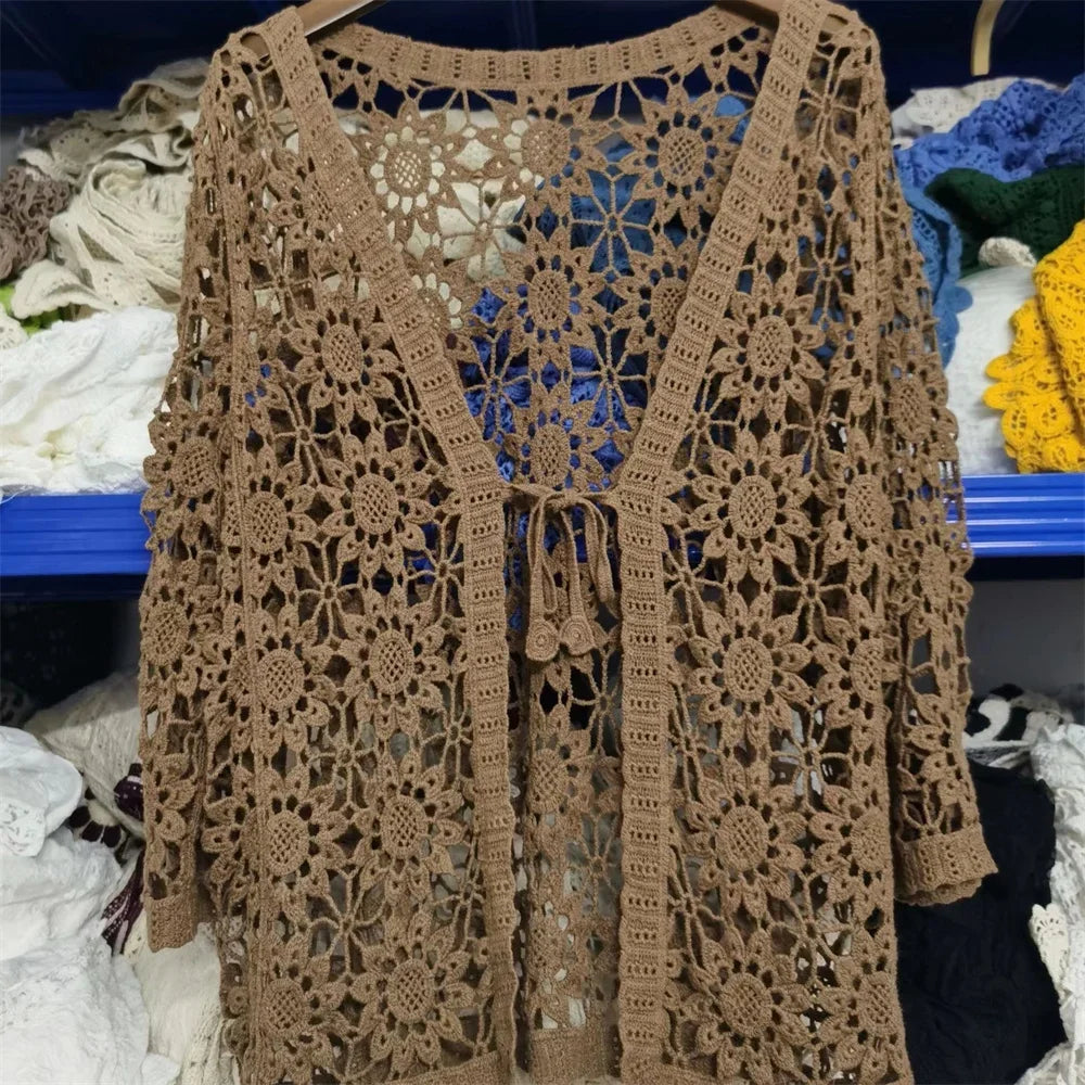 Elegant Summer Hollow Lace Cardigan Sweater Women Wide Loose Floral Knitted Sweater Thin Section Female Spring Autumn Cardigan