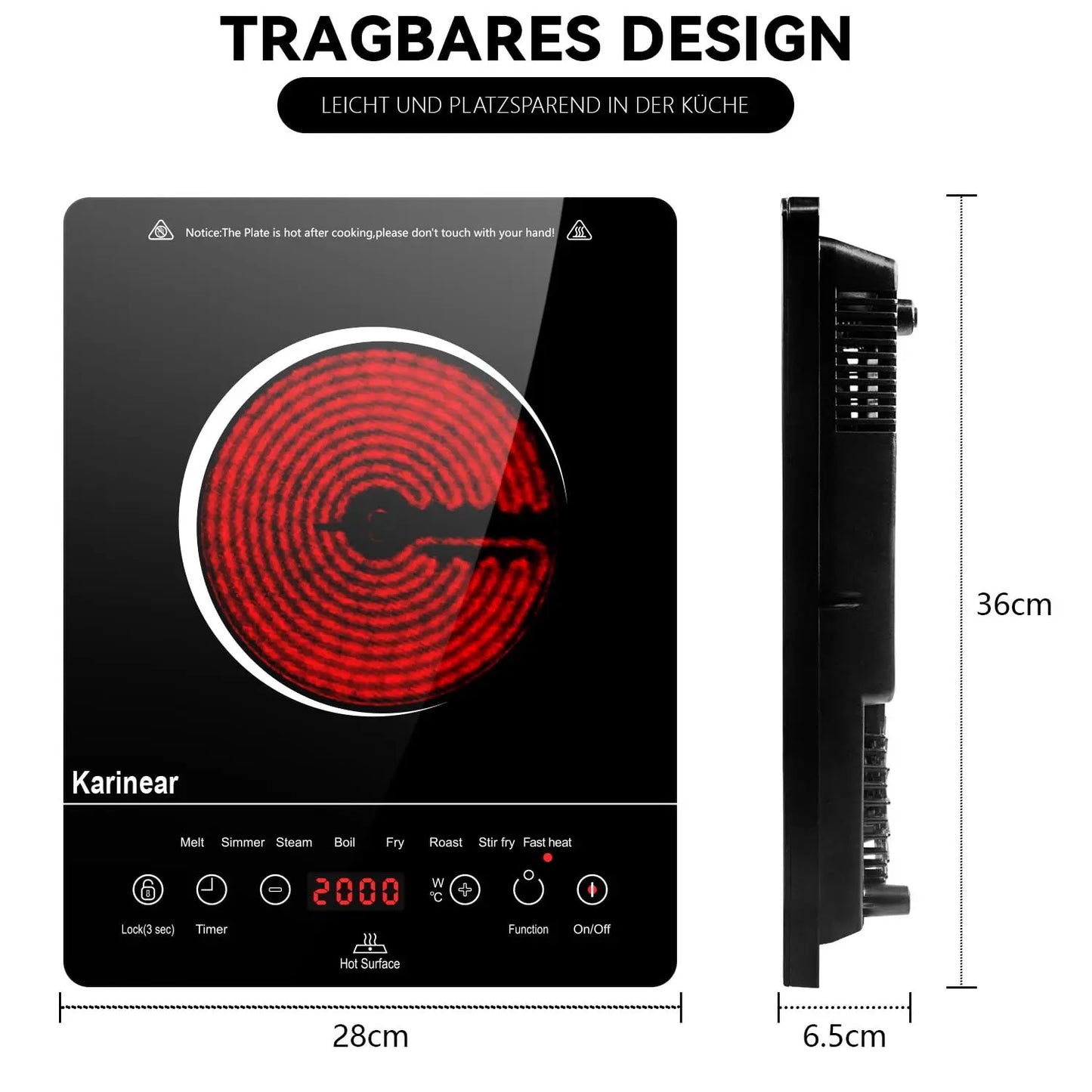 Karinear Glass Ceramic Hob 1 Plate Portable, 650 °C Max, Ceramic Hob 1 Freestanding, 2000 W, Hob 1 Hob with Plug, Timer