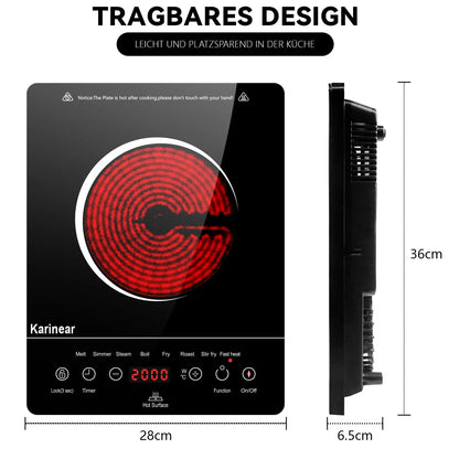 Karinear Glass Ceramic Hob 1 Plate Portable, 650 °C Max, Ceramic Hob 1 Freestanding, 2000 W, Hob 1 Hob with Plug, Timer