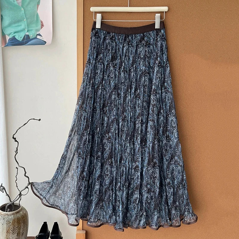 High Waisted Printed Vintage Long Skirts Women Korean Loose Pleated A Line Mesh Skirt Woman Big Hem Mid Length Tulle Skirts