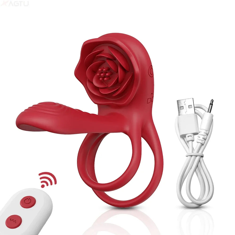 Male Penisring Delay Ejaculation Rose Lock Ring Vibrator G Spot Nipple Clitoral Stimulator for Women Sex Toys for Couple 18+