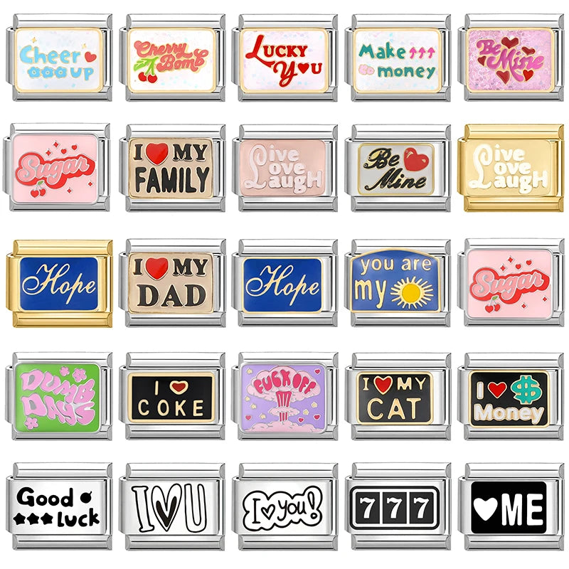 New Y2K Colorful Glaze English Word Italian Charm Link Fit 9mm Stainless Steel Jewelry DIY Making Bracelets For Gifts