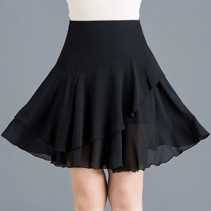 Fashion Solid Color Spliced Ruffles Chiffon Skirts Women's Clothing Summer New Loose Office Lady Elastic High Waist Skirts