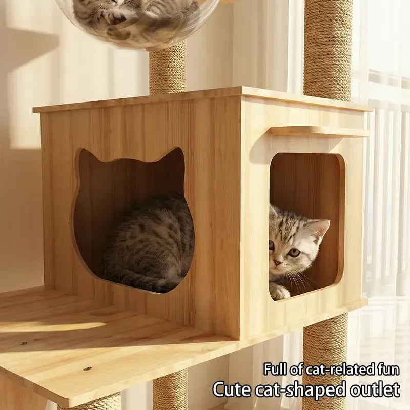 Large Cat Climbing Frame with Thickened Hemp Rope Multi-layered Wooden Cat Tree Tower and Integrated Scratching Post for Pets