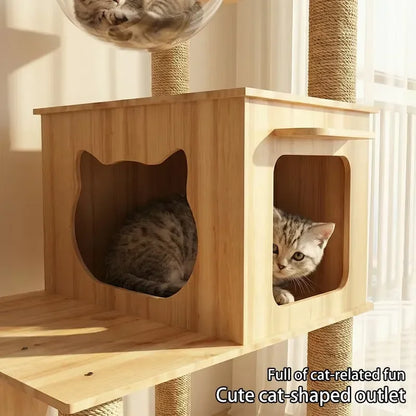 Large Cat Climbing Frame with Thickened Hemp Rope Multi-layered Wooden Cat Tree Tower and Integrated Scratching Post for Pets