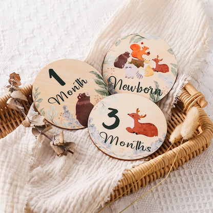 Newborn Baby Growth Milestones 0-12 Months Wooden Card With Box Photo Accessory Cartoon Animal Picture Souvenir Wooden Baby Gift