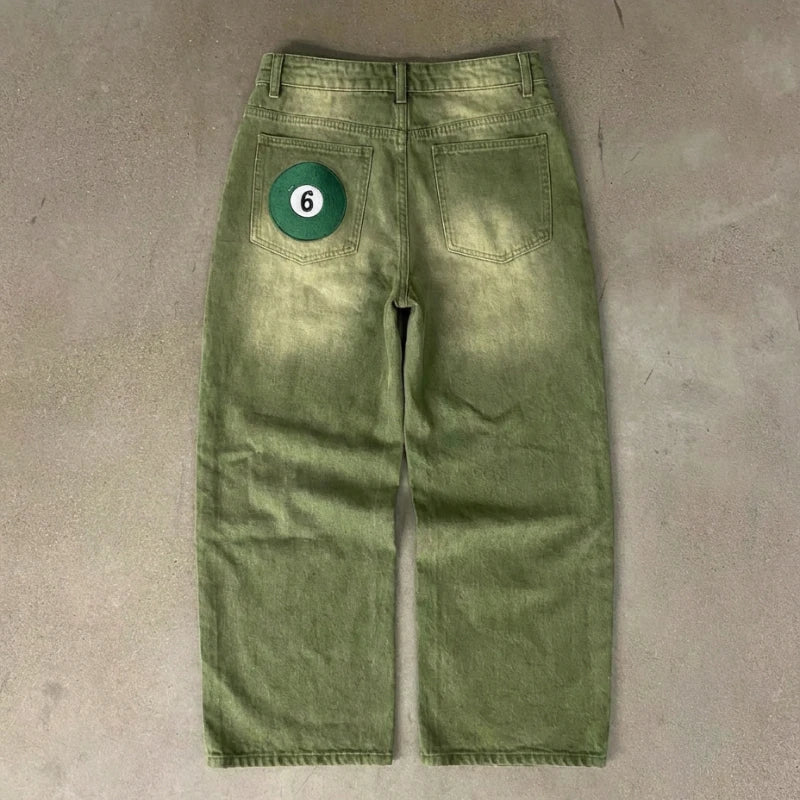 Y2K Street Matcha Denim Jeans Pocket Green 6 Ball Embroidery Denim Pants London High Street Trend Streetwear Unisex Baggy Jeans