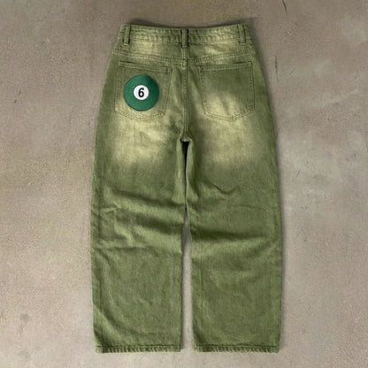 Y2K Street Matcha Denim Jeans Pocket Green 6 Ball Embroidery Denim Pants London High Street Trend Streetwear Unisex Baggy Jeans