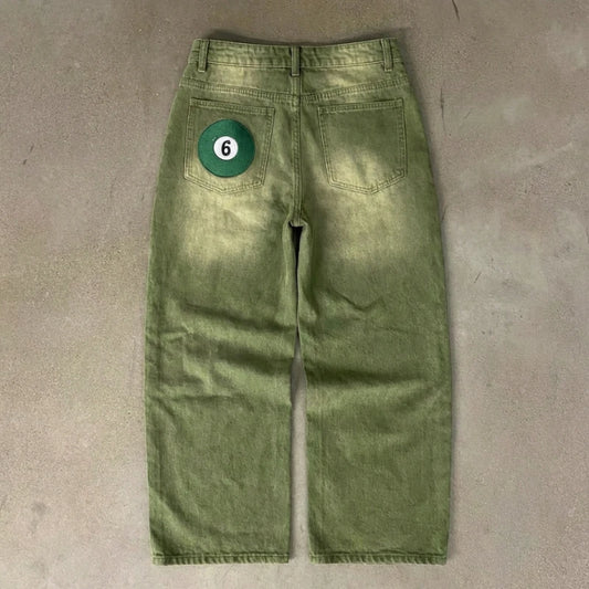 Y2K Street Matcha Denim Jeans Pocket Green 6 Ball Embroidery Denim Pants London High Street Trend Streetwear Unisex Baggy Jeans
