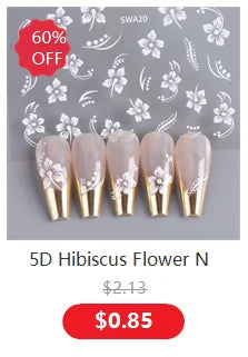 5D Hibiscus Flower Nail Embossed Sticker Acrylic Pink White Gold Petal Leaf Adhesive Decal Butterfly Dragon Floral Elegant Decor