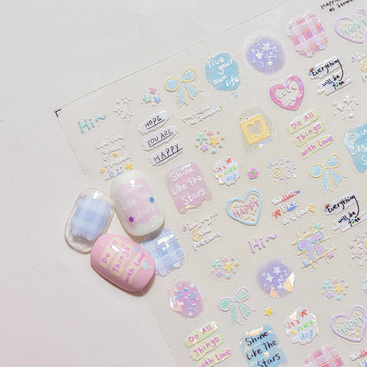 Collage Text English Letter Musical Note Star Graffiti Colorful 5D Love Heart Bowknot Nail Art Sticker Adhesive Manicure Decals