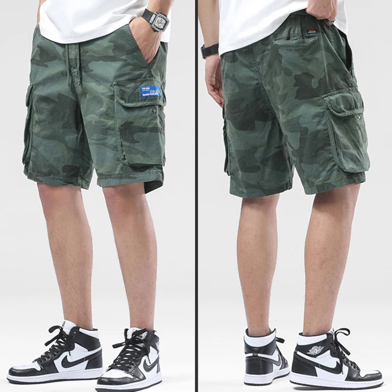 New Men Summer Outdoor Leisure Camouflage Comfortable Shorts Men Elastic Waist Loose Straight High-Quality Design Shorts Male