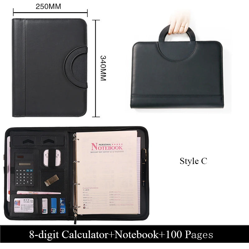 PU leather A4 zipper calculator binder conference file pad folder briefcase tablet portable circular handle file bag