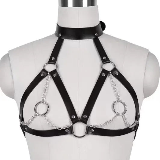 BDSM Alternative Training Sexy Black Leather Collar, nipple clamps, waist binder, and bralette