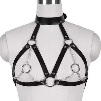 BDSM Alternative Training Sexy Black Leather Collar, nipple clamps, waist binder, and bralette