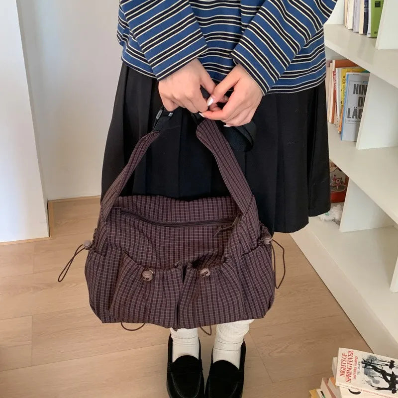 Korean Nylon Shoulder Bag Fashion Simple Plaid Zipper Tote Bag Drawstring Pleated Cloud Bag New Commuter Crossbody Shoulder Bag