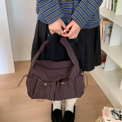 Korean Nylon Shoulder Bag Fashion Simple Plaid Zipper Tote Bag Drawstring Pleated Cloud Bag New Commuter Crossbody Shoulder Bag