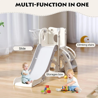 Children's slide, multifunctional Toddler Slide With Playpen, Storage Space and Non-slip Steps, Indoor & Outdoor Pla(Gray White)