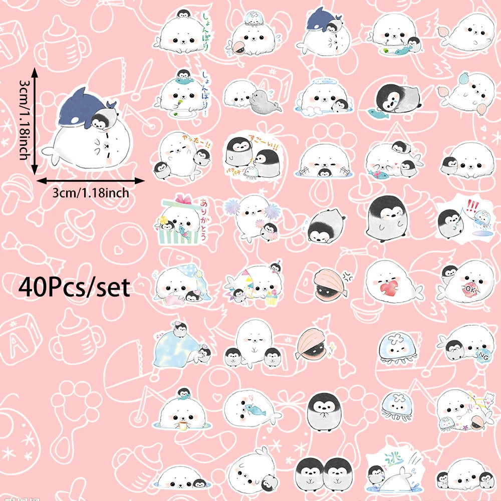 40pcs Cartoon Seal Penguin Stickers Can Be Used To Decorate Luggage Mirrors, Cabinets, Car Water Bottles, Etc., Self-Pasting