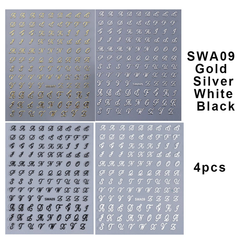 4pcs Roman Letter Nail Stickers Golden Silver Black White Alphabet Design Self Adhesive Decal English Words DIY Manicure Decor