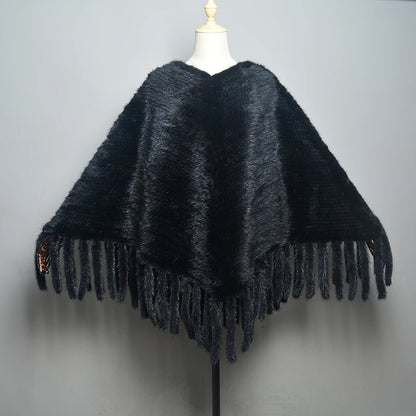 Fashion Women Fur Shawl Winter Knitted Real Mink Fur Stole With Fur Hood Knitted Mink Poncho Pashmina