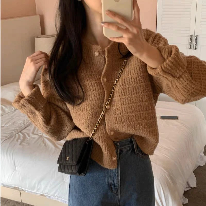 Autumn Elegant Korean O Neck Women's Long Sleeve Jacket Sweet Pink Small Fragrance Retro Short Knitted Cardigan for Lady Spring