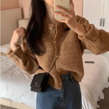 Autumn Elegant Korean O Neck Women's Long Sleeve Jacket Sweet Pink Small Fragrance Retro Short Knitted Cardigan for Lady Spring
