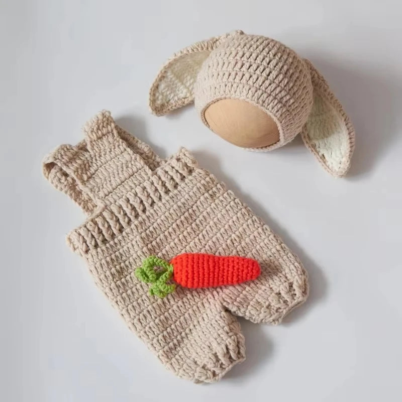 Cute Bunny Costume Newborn Photography Outfits Soft Knitted Rabbit Shape Hat and Jumpsuits with Carrot Clothes Baby Photo Props