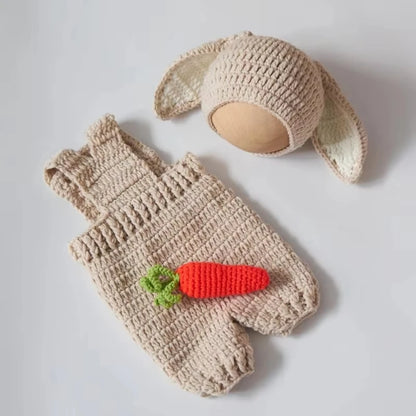 Cute Bunny Costume Newborn Photography Outfits Soft Knitted Rabbit Shape Hat and Jumpsuits with Carrot Clothes Baby Photo Props
