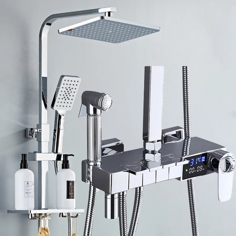 Gold Piano Digital Display Bathroom Shower Set Brass Bathroom Faucet Accessories Thermostatic Digital Bathroom Shower System