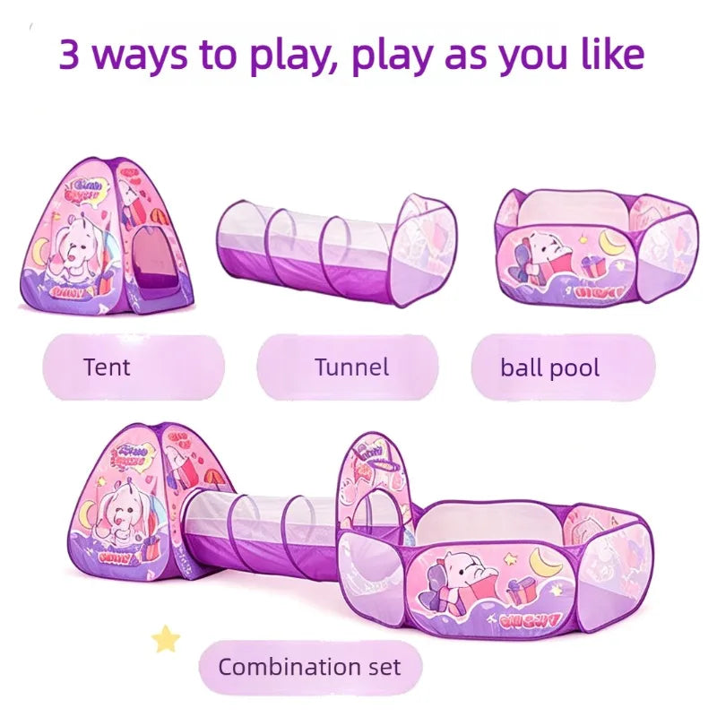 3 in 1 Pink Elephant Kids Play Tent with Crawl Tunnel & Ball Pit, Pop Up Foldable Toddler Playhouse, Breathable Mesh Safe Play Toy Indoor Outdoor Large Space for 2-3 Kids Ages 1-6，Quick Setup & Easy Storage with Carry Bag