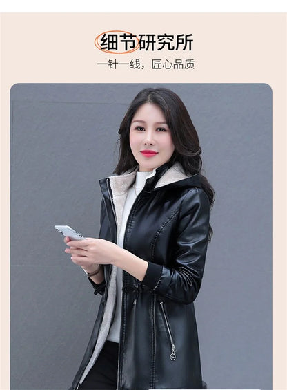Winter Coat New Fashion Soft Leather Clothes Women's Long Sheep Leather Jacket Plus Velvet Padded Warm Coat