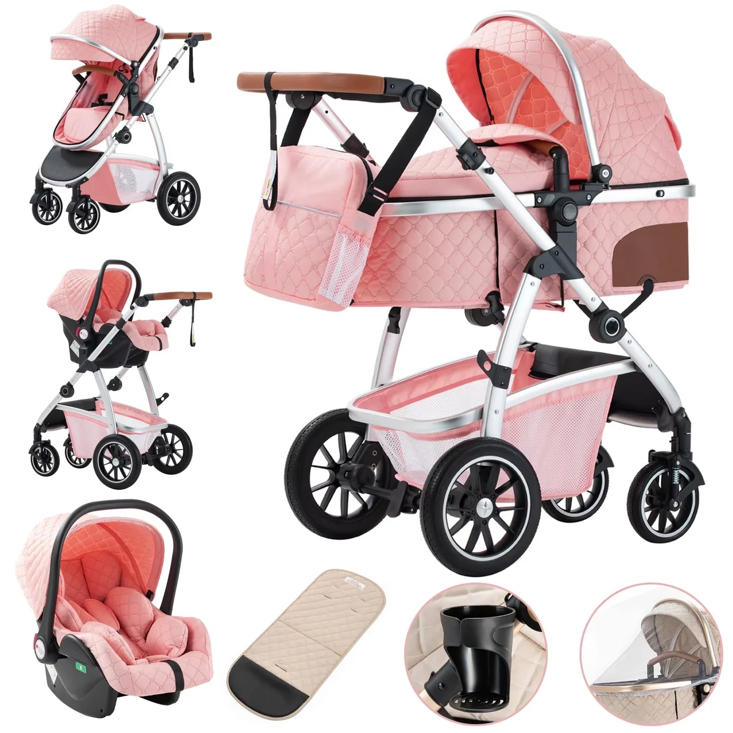 Baby Stroller 3 in 1 Easy Folding Multifunctional Stroller Travel Portable Baby Carriage Safety Seat EU Standard Aluminum Frame