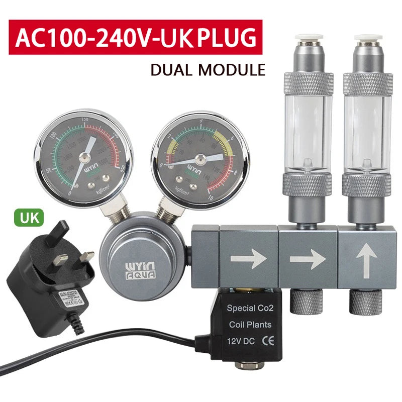 Aquarium CO2 Regulator Dual Meter Solenoid Valve Quick Plug Foam Recorder Control System Fish Tank CO2 Pressure Reducing Valve