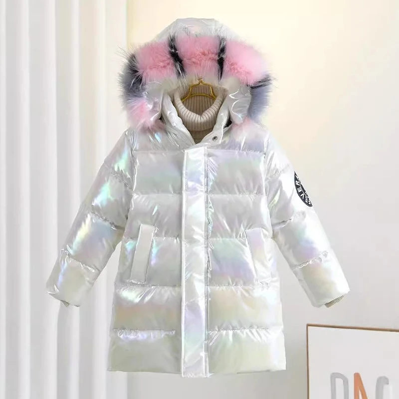 Winter Girls Shiny Hooded Down Jacket Fur Collar Windproof Coat Teenage Outerwear Kids Parka Snowsuit Clothing New 5-14 Years