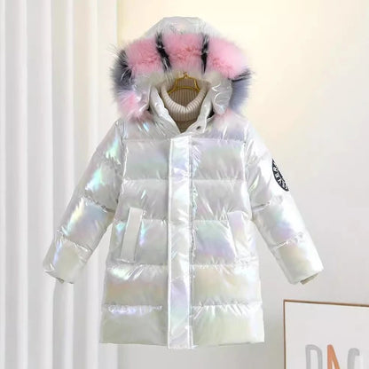 Winter Girls Shiny Hooded Down Jacket Fur Collar Windproof Coat Teenage Outerwear Kids Parka Snowsuit Clothing New 5-14 Years