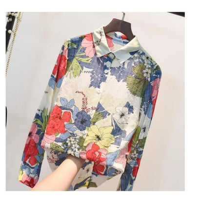 Blue Floral Print Vintage Polo-Neck Single Breasted Long Sleeve Women's Blouse Shirt Casual Female Clothing Tops Fashion 2024