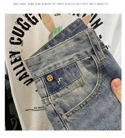 Summer Trendy Brand Handsome Denim Shorts Men's Washed Embroidered Patch Trendy Short Pants Ripped Slim-fit Elastic Middle Pants