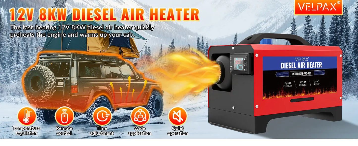 8 kW 12V All-in-One Portable Diesel Air Heater, 0.16–0.52 L/h, Diesel Air Heater 8–36 °C, Adjustable, 15–20 m², Smart LCD Control, 5 L Tank for Boats and Cars