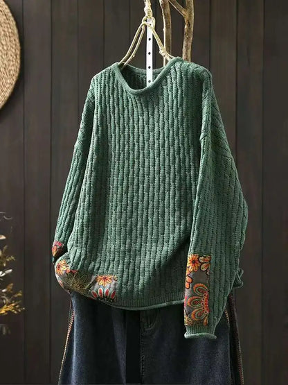 Winter Fall Fashion Vintage Sweater Women's O-neck Loose Casual Lazy-style Casual Pullover Tops Flower Print Patchwork Knitwear