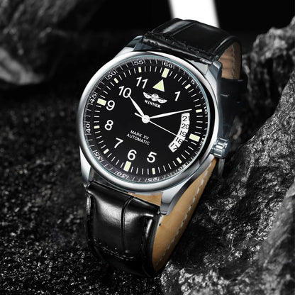 WINNER Business Automatic Watch for Men Calendar Window Fashion Black Dial Fashion Leather Strap Luxury Brand Mechanical Watches
