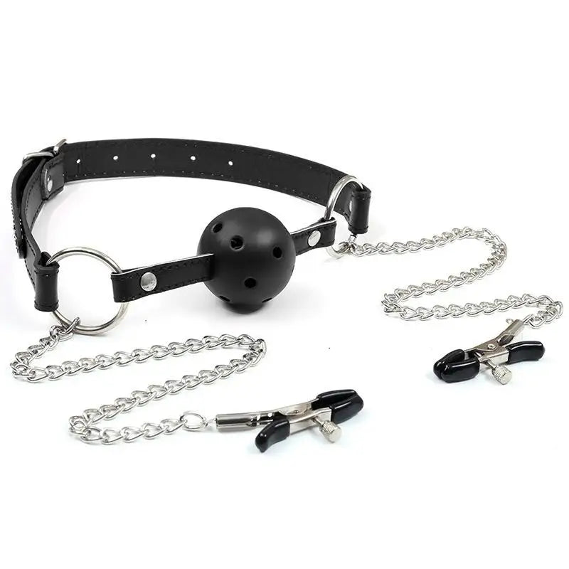 Erotic Toy PU Leather Mouth Gag Ball Oral Sex With Chain Clip Breast Nipple Clamps Bondage Harness Sex Toys Adult Games